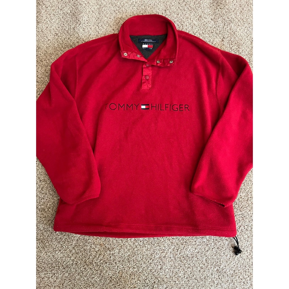 VTG 90s Tommy Hilfiger Mens Fleece Pullover L Red Snap Neck Embroidered Spellout